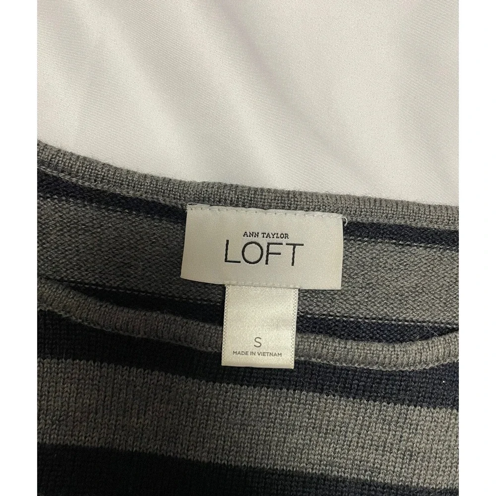Ann Taylor Loft Gray Navy Blue Stripe Merino Wool Sweater Dress Sz S‎ SI16